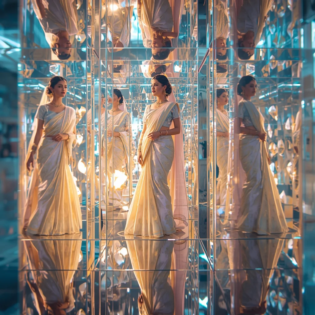 Pastel Saree Infinite Mirror Prism Reflection Depth Universe Cinematic Viral Prompt | Ai Prompt For Reels