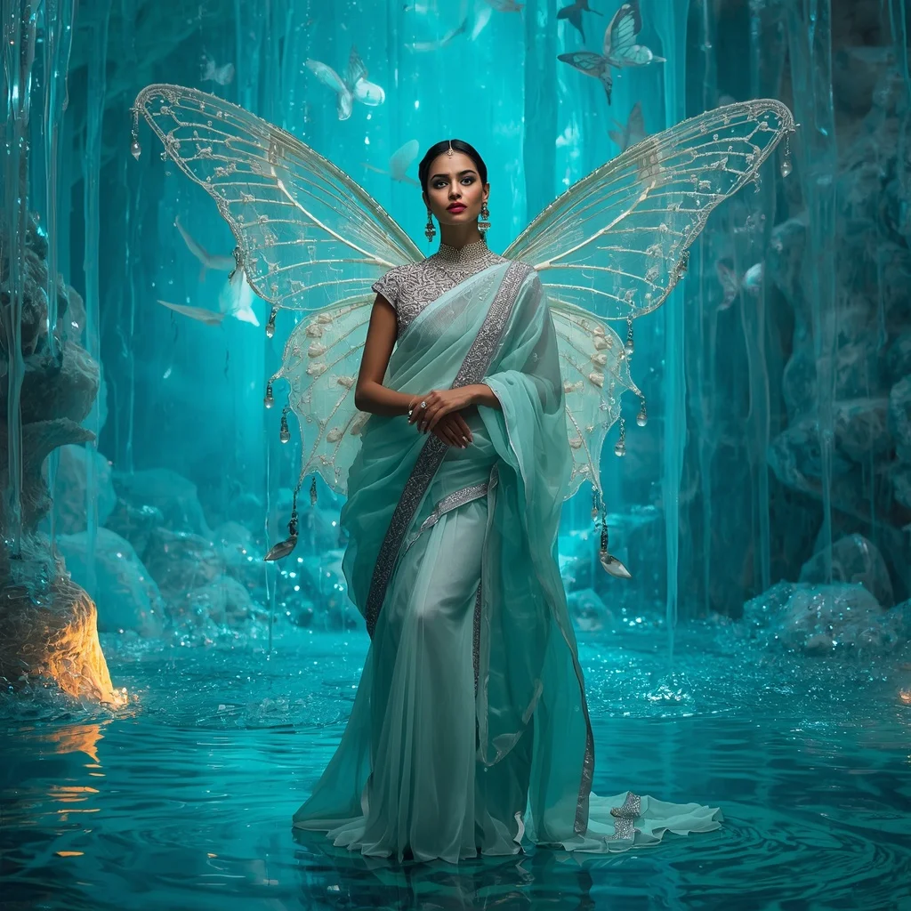 Pearl Butterfly Waterfall Saree with Aqua Crystal Fantasy Background | Ai Prompt