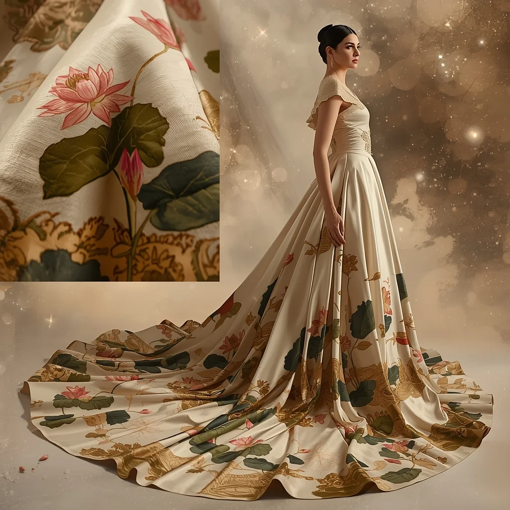 Pichwai Painted Flowing Western Gown Luxury Studio Collage | Desi Girl Ai Prompt
