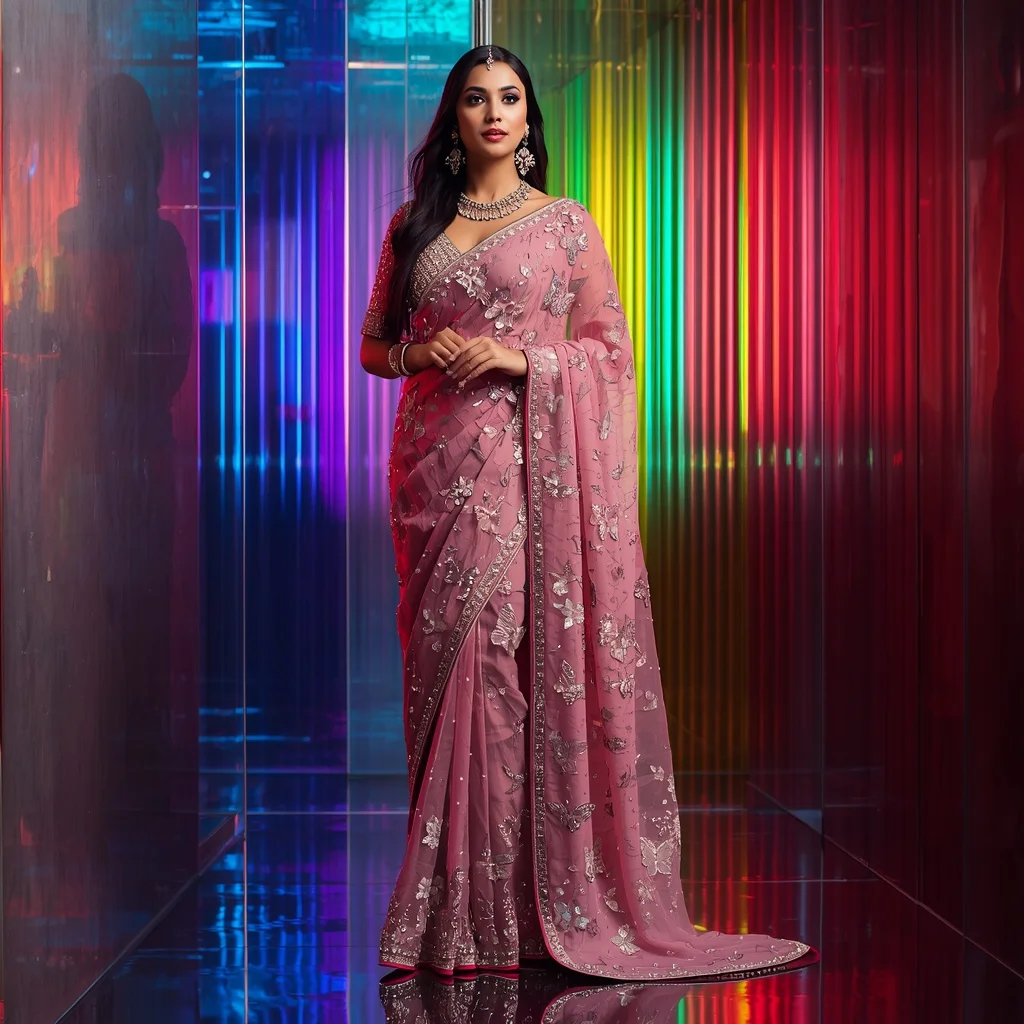 Premium Butterfly Embroidery Saree with Luxury Rainbow Glass Background | Saree Ai Prompt