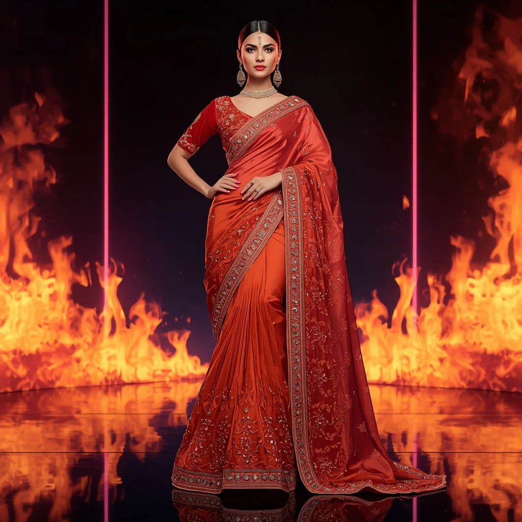 Premium Crystal Flame Saree with Futuristic Neon Fire Background | Gemini Saree Prompt For Woman