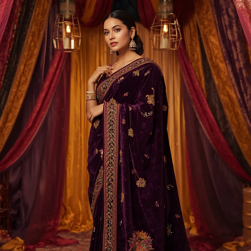 Premium Festive Saree in Deep Purple Velvet with Multicolor Embroidery | Saree Profile Pic Ai Prompt