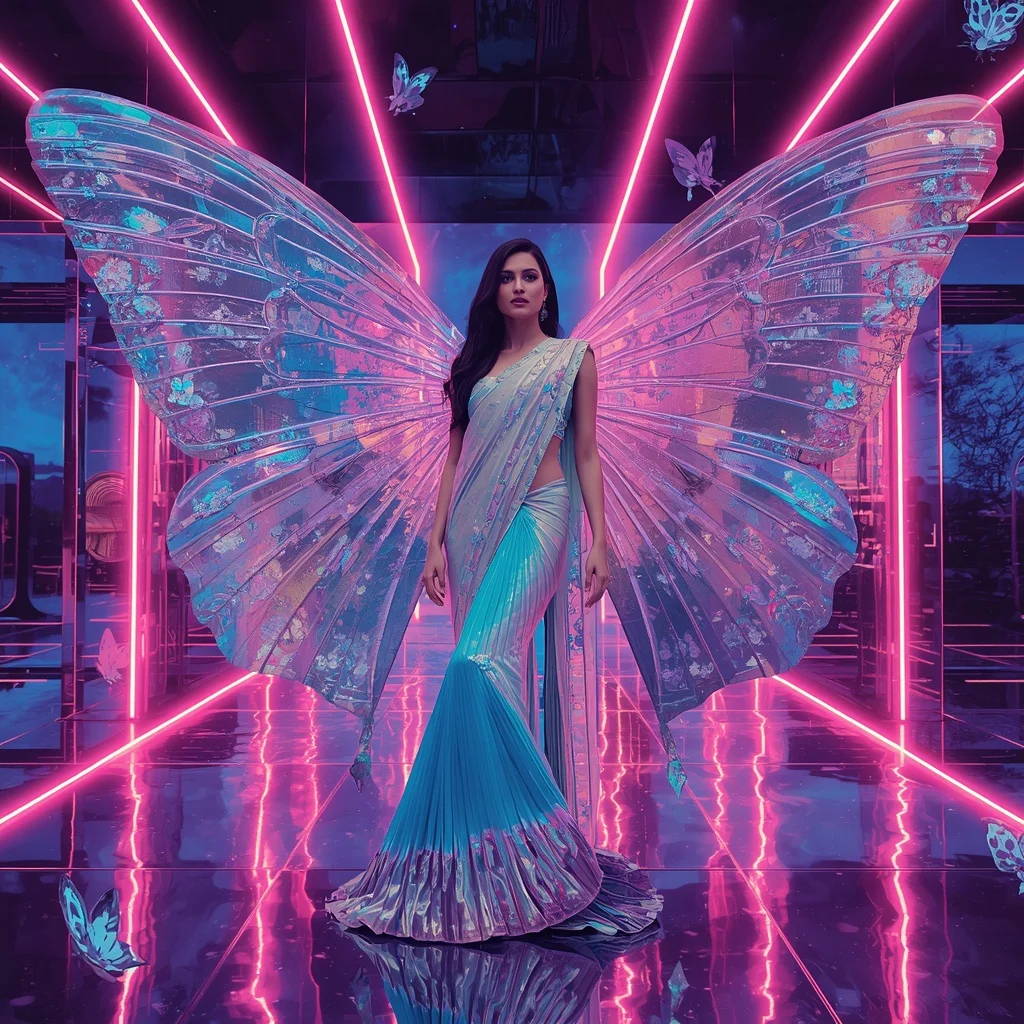 Prism Galaxy Butterfly Saree  Futuristic Multi-Pose Couture with Neon Cosmic Background | Gemini Photo Prompt