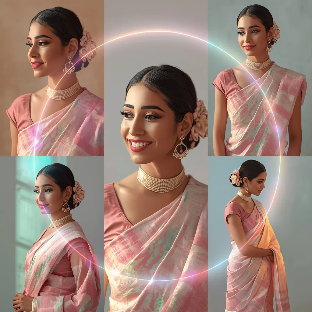 Prism Pulse Halo Orbit Pastel Saree Indian Woman Premium Composition | Modern Saree Ai Prompt