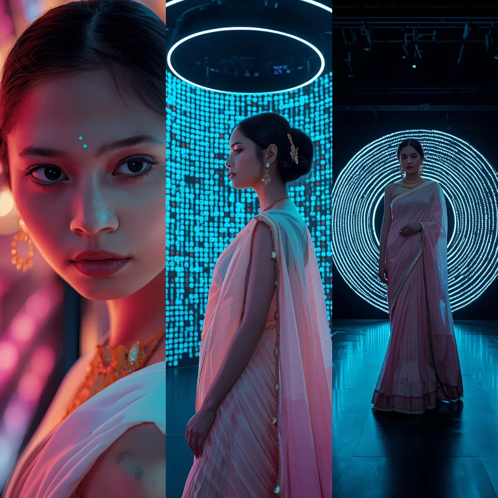 Quantum Data Stream Labyrinth Illusion Saree Triptych Look | Saree Woman Ai Prompt
