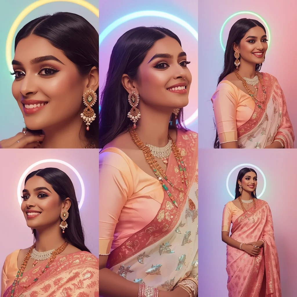 Radiant Pulse Halo Drift Pastel Saree Indian Woman Luxury Composition | Saree Prompt Text To Image