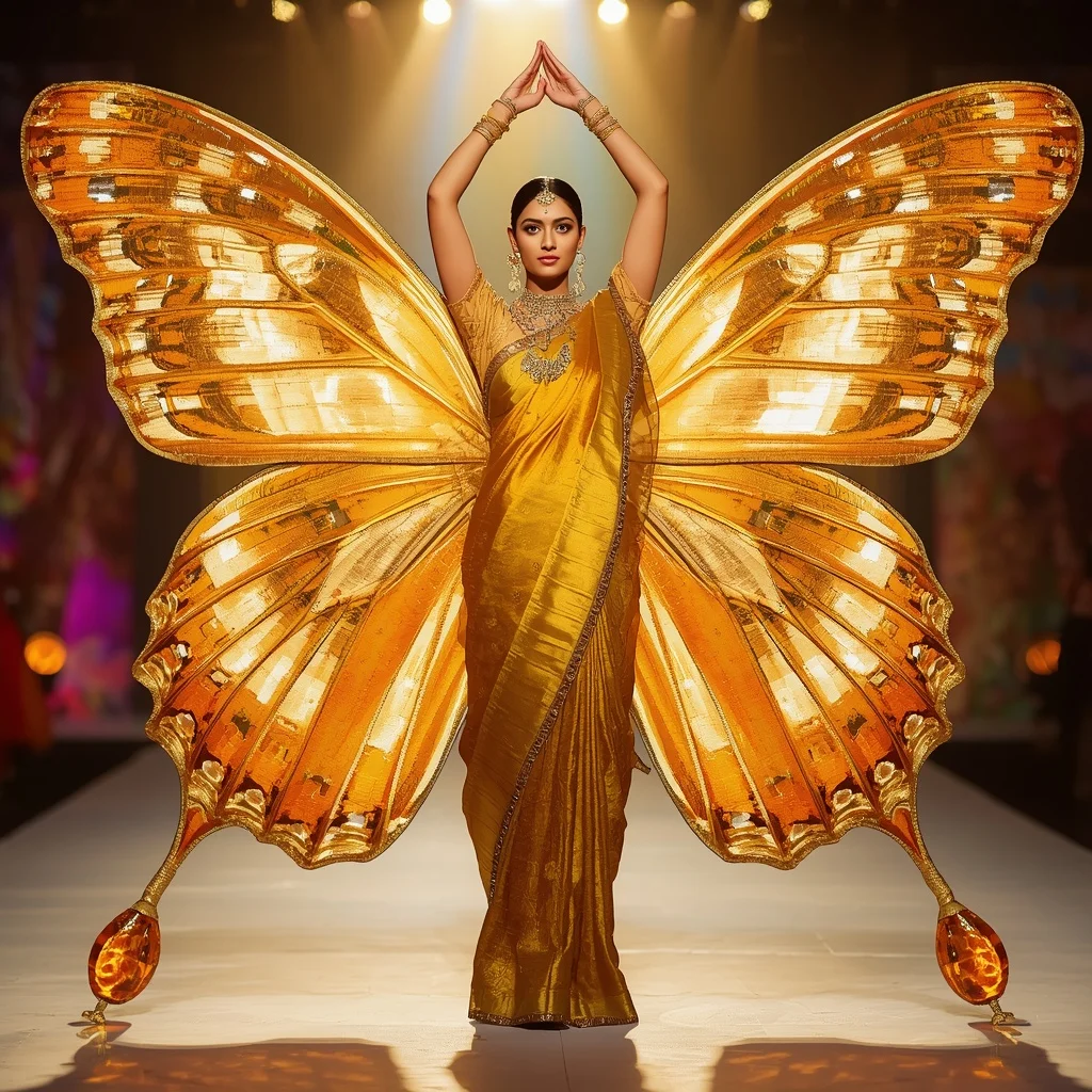 Radiant Sunburst & Citrine Butterfly Saree Couture with Goddess Arms-Raised Pose | Ideogram Ai Prompt