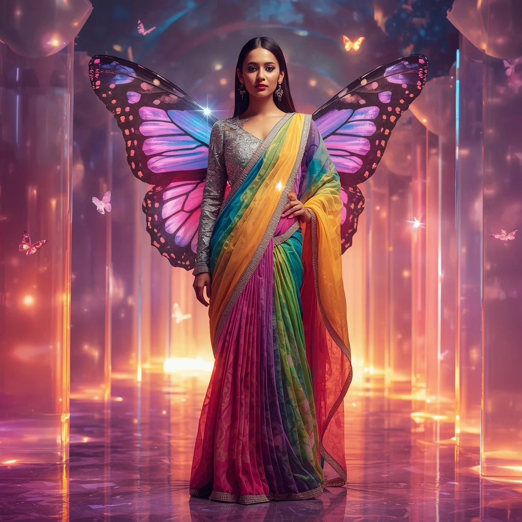 Rainbow Crystal Butterfly Dome Saree with Prism Fantasy Universe Background | Trending Ai Prompt