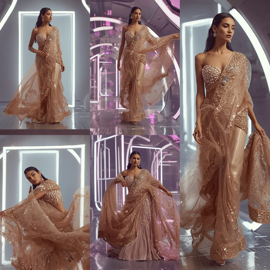 Rose Gold Crystal Saree with Floating Electric Frames | Gemini Ai Prompt For Instagram