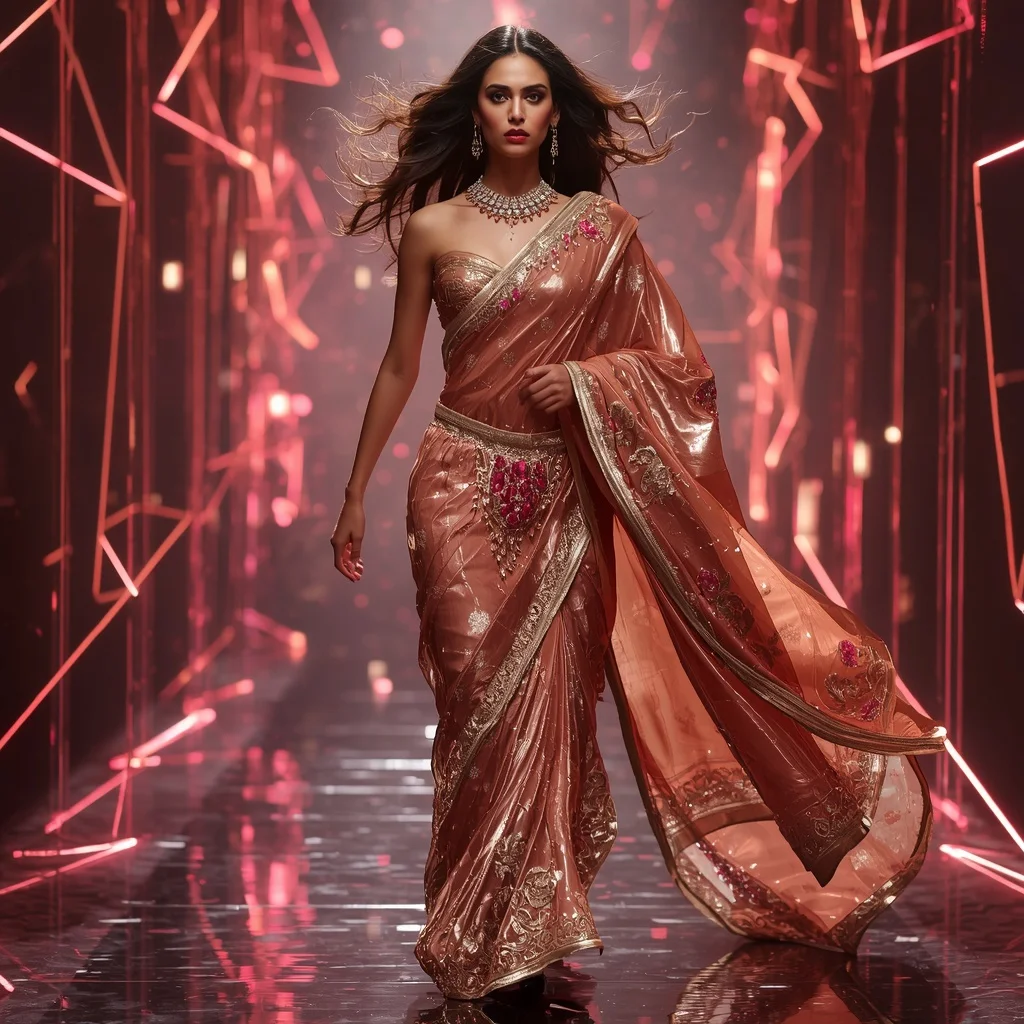 Rose Gold Eclipse Saree with Floating Laser Geometry | Photo Prompt