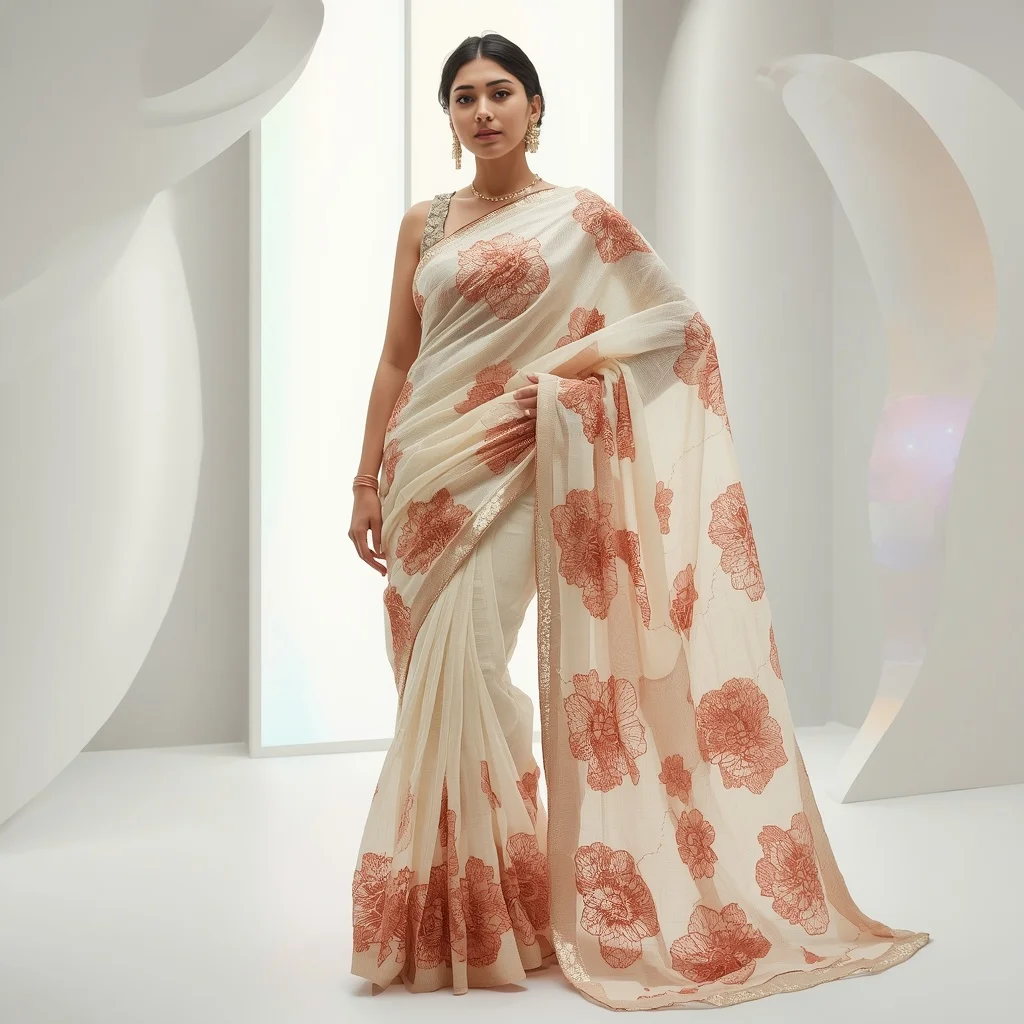 Rose Gold Sculptural Wire-Work Advanced Design Saree with Abstract Floral Motifs | Cute Girl Ai Prompt