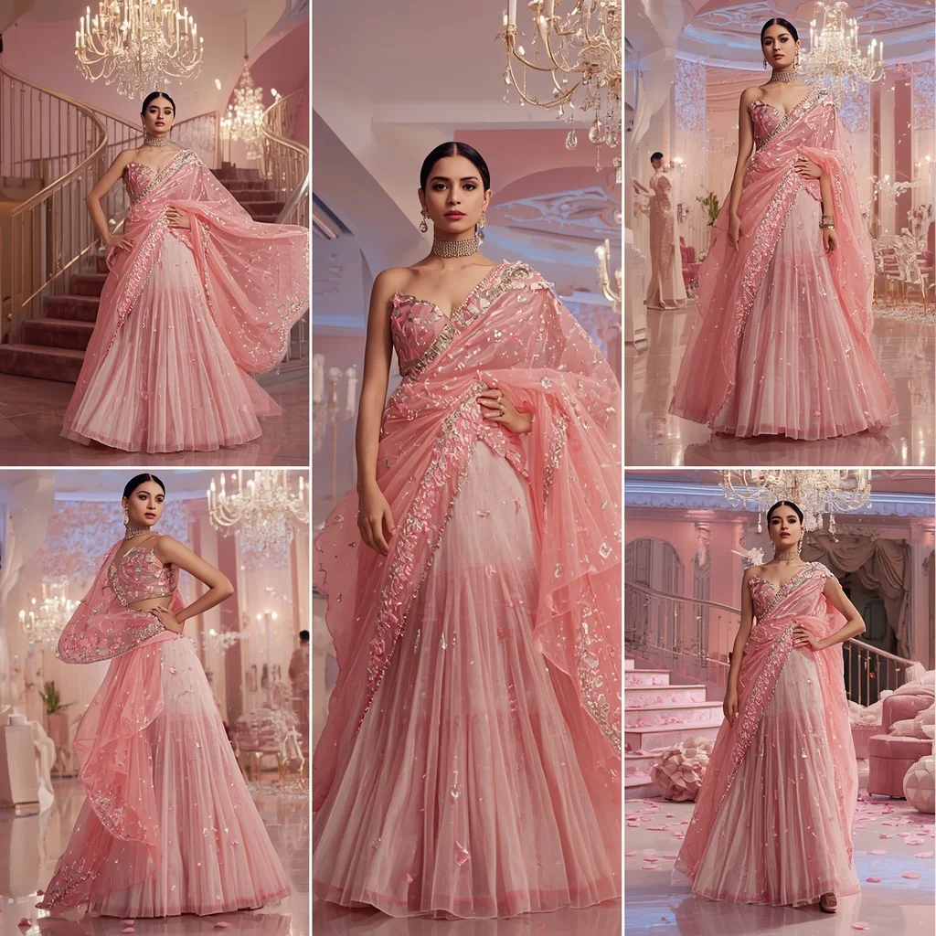 Rose Quartz Butterfly Saree with Multi Pose Fantasy Ballroom Background | 3d Animation Ai Prompt
