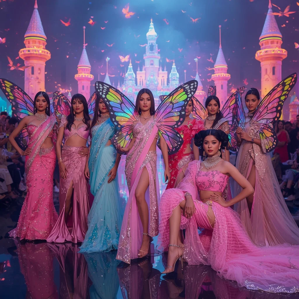Royal Butterfly Festival Couture Parade with Fantasy City Background | Wedding Ai Prompt