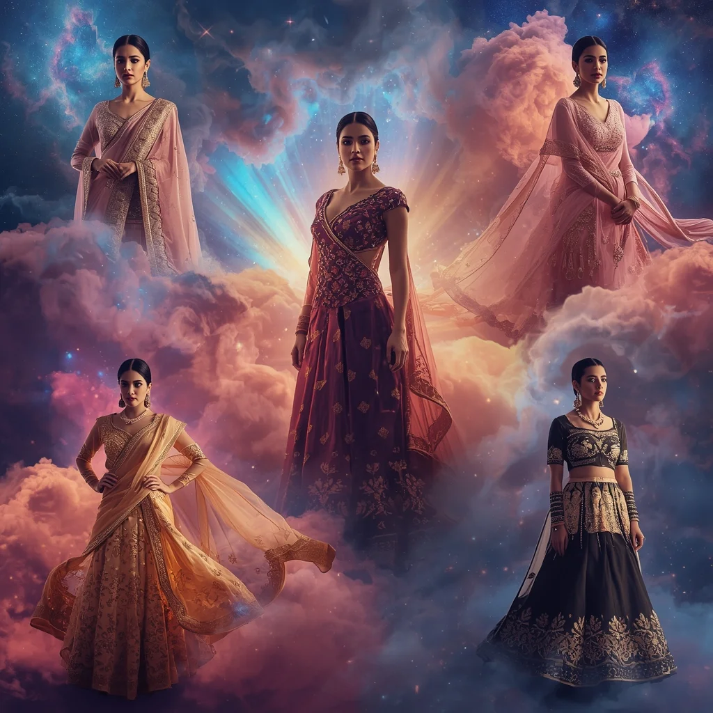 Royal Silk Nebula Indian Dress Collage Image Prompt Festive Luxury Couture | Prompt For Saree Look For Girl