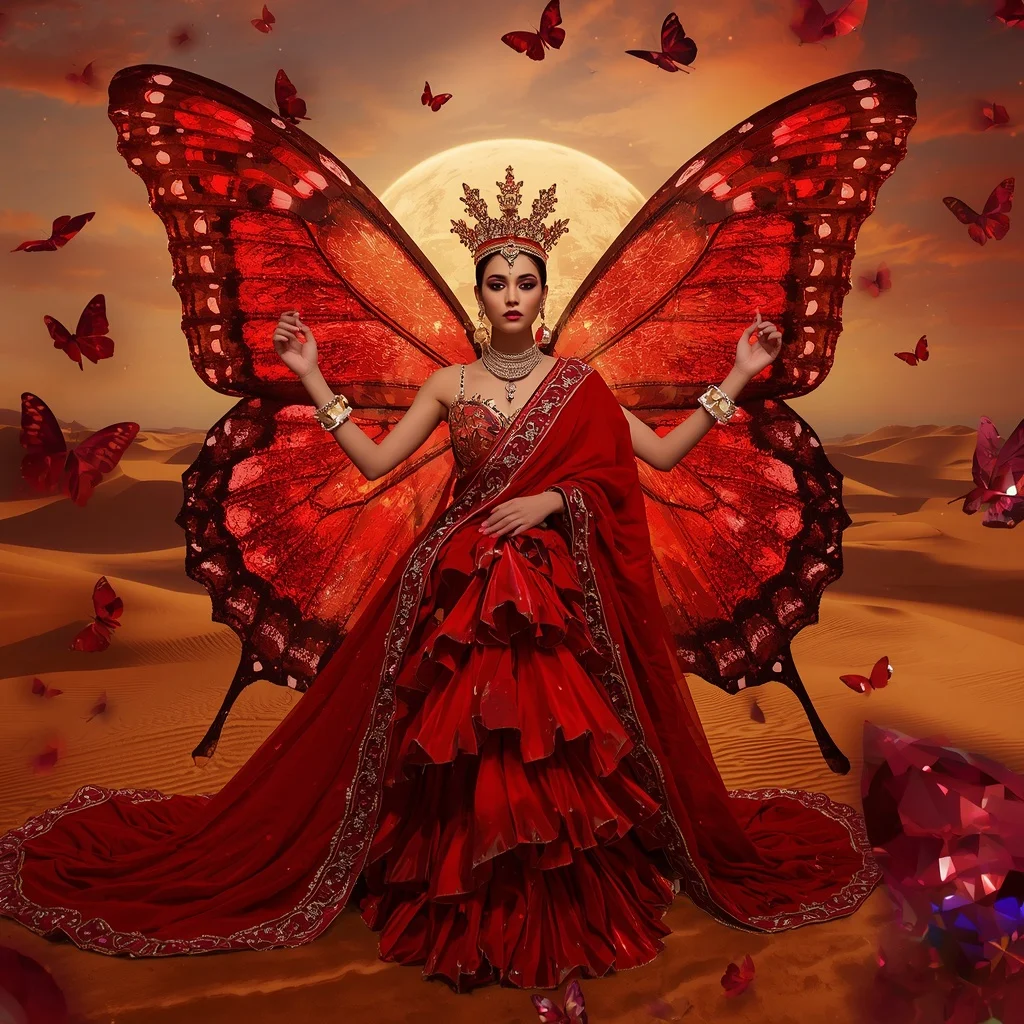 Ruby Butterfly Throne Saree  Heavy Jewel Multi-Pose Couture with Royal Desert Fantasy Background | Instagram Influencer Ai Prompt