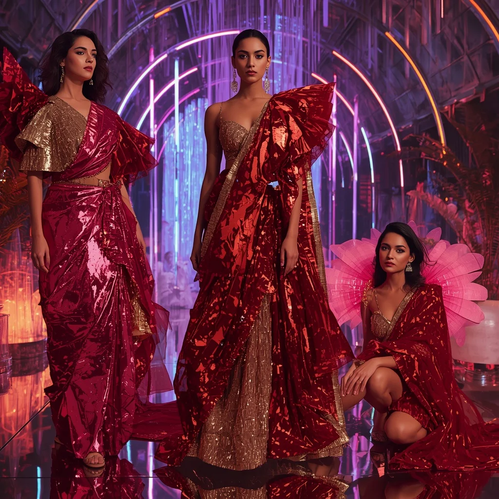 Ruby Flame Festival Saree with Floating Crystal Atrium | Makeup Ai Prompt