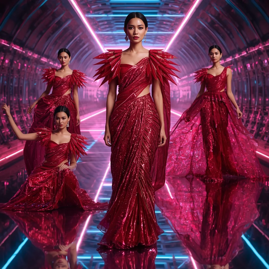 Ruby Flame Festival Saree with Floating Crystal Infinity Skybridge | Character Design Ai Prompt
