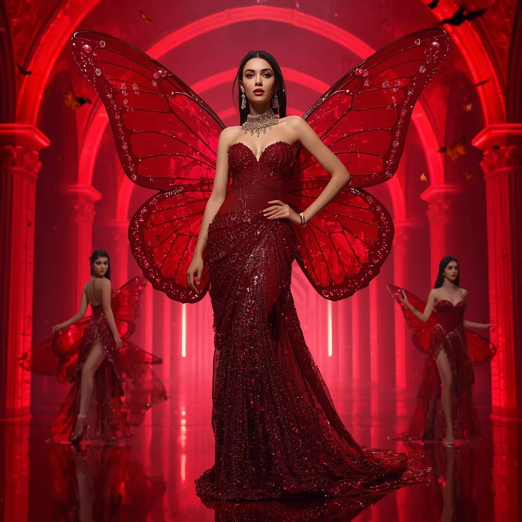 Ruby Mirage Butterfly Saree with Multi Pose Crimson Fantasy Hall Background | Ai Girl Image Prompt