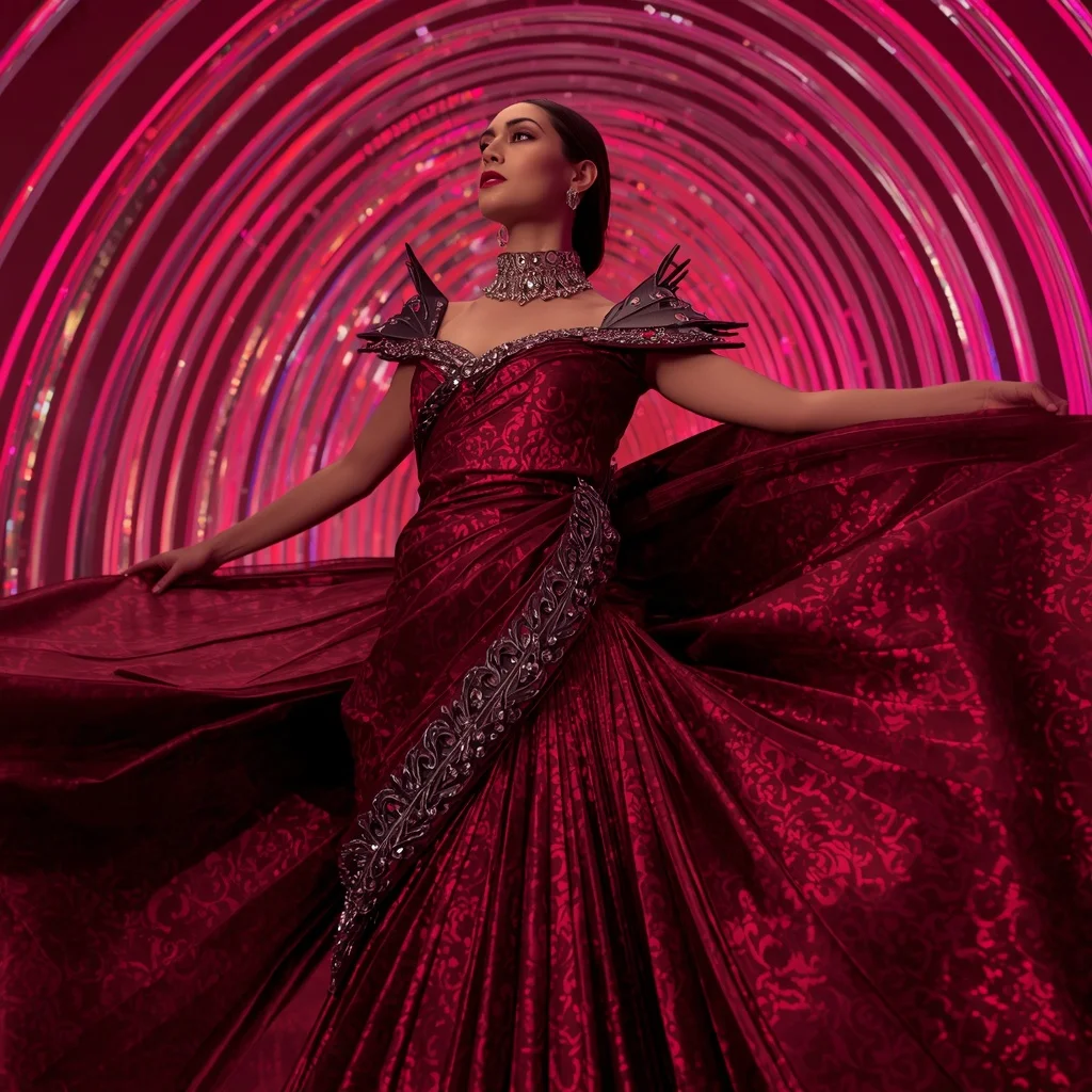 Ruby Thunder Metallic Saree with Infinity Spiral Dome | Ai Image Generator Prompt