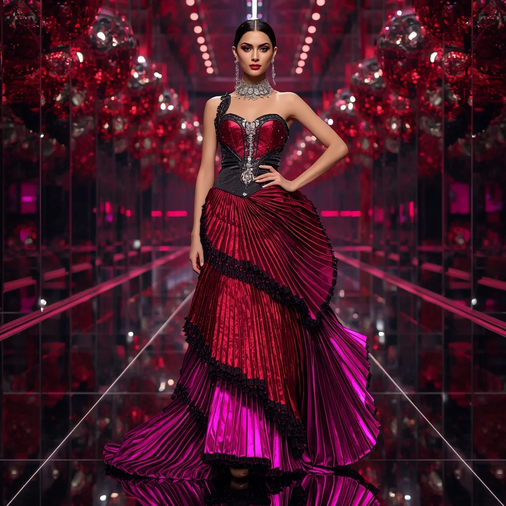 Ruby Voltage Eclipse Saree with Infinity Mirror Sphere Hall | Indian Girl Ai Prompt