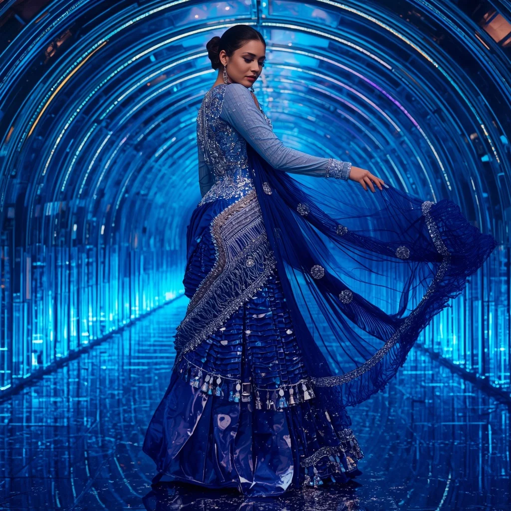 Sapphire Aurora Luxe Saree with Infinity Crystal Palace | Saree Trending Ai Prompt