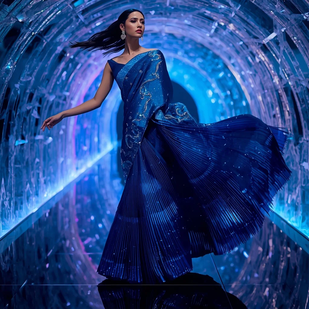 Sapphire Aurora Royale Saree with Infinity Crystal Wave Tunnel | Instagram Reel Ai Prompt