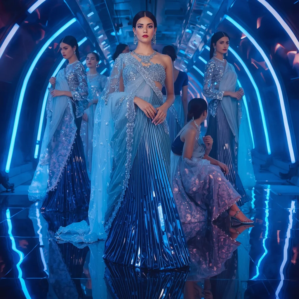 Sapphire Crystal Mirage Saree with Neon Aurora Chamber | Ai Gemini Prompt
