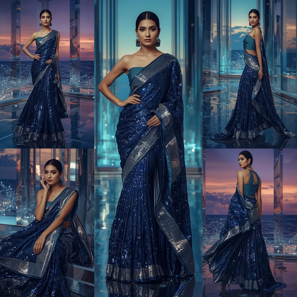 Sapphire Eclipse Festival Saree with Floating Prism Infinity Ocean Deck | Gym Influencer Ai Prompt