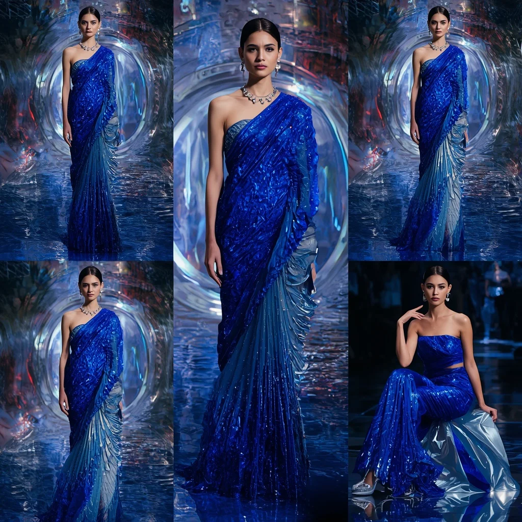 Sapphire Eclipse Festival Saree with Floating Prism Water Tunnel | Prompt Ai
