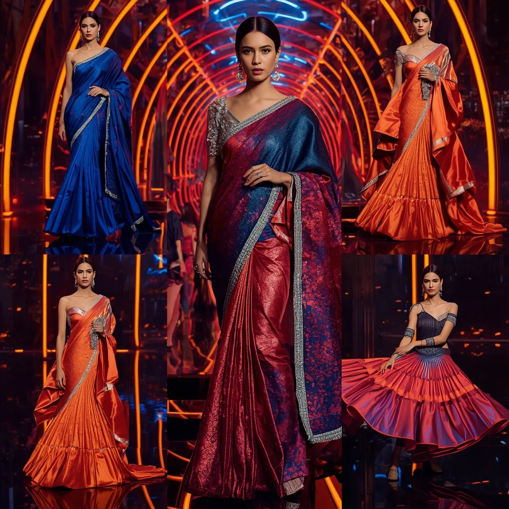 Sapphire Flame Royale Saree with Neon Lava Atrium | Ai Portrait Prompt