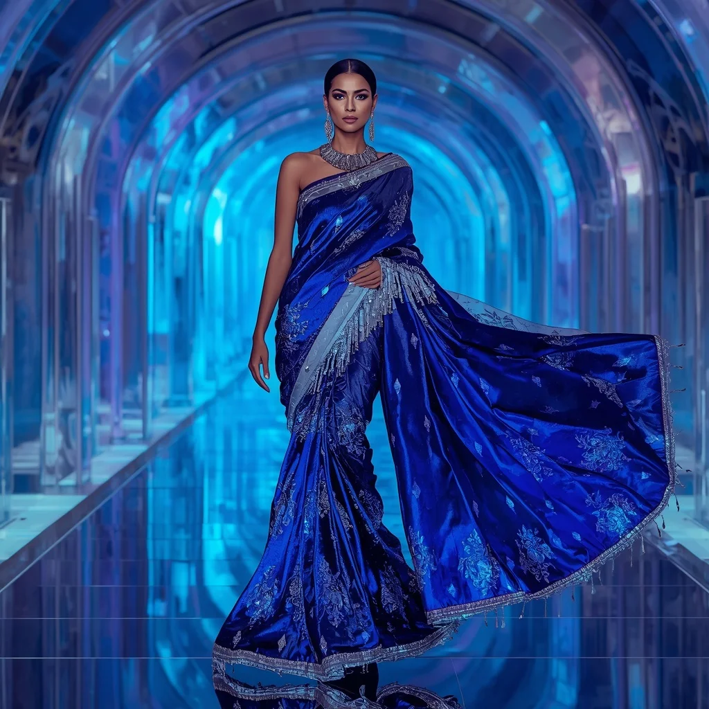 Sapphire Frost Royale Saree with Infinity Crystal Palace | Saree Dp Ai Prompt
