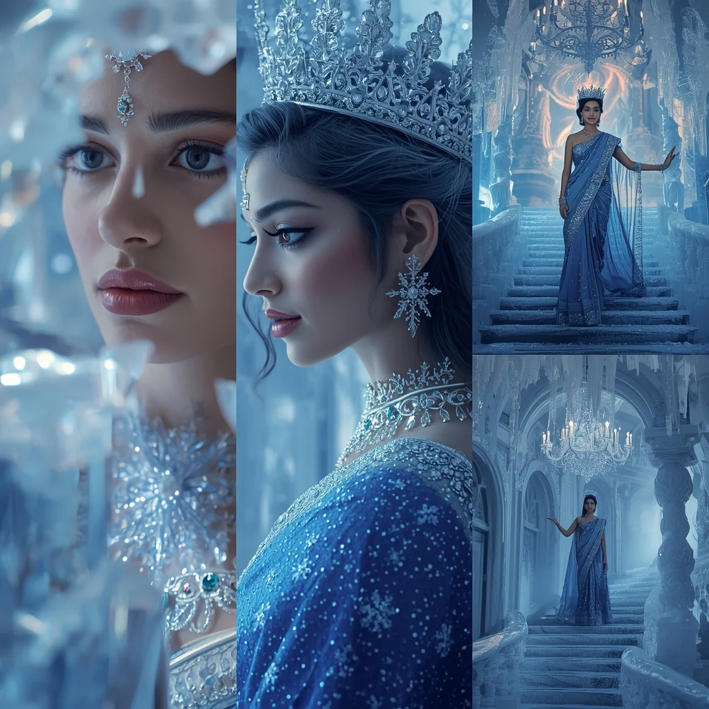 Sapphire Ice Crown Saree Cinematic Collage Frozen Palace Ascension Premium Scene | Prompt Saree For Girl