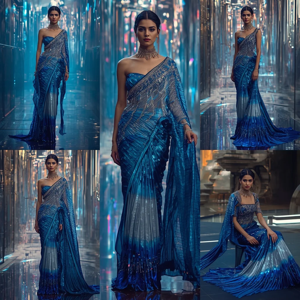 Sapphire Mirage Festival Saree with Floating Prism Cascade | Ai Art Prompt
