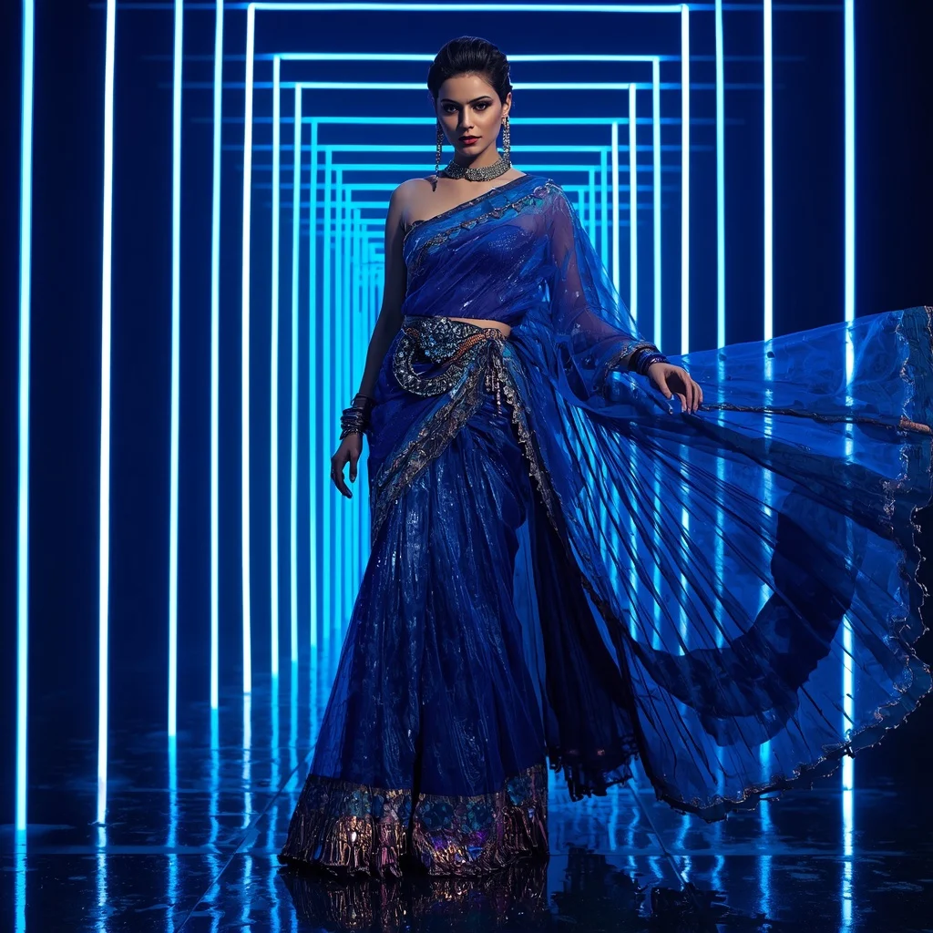 Sapphire Mirage Metallic Saree with Neon Infinity Palace | Instagram Model Ai Prompt