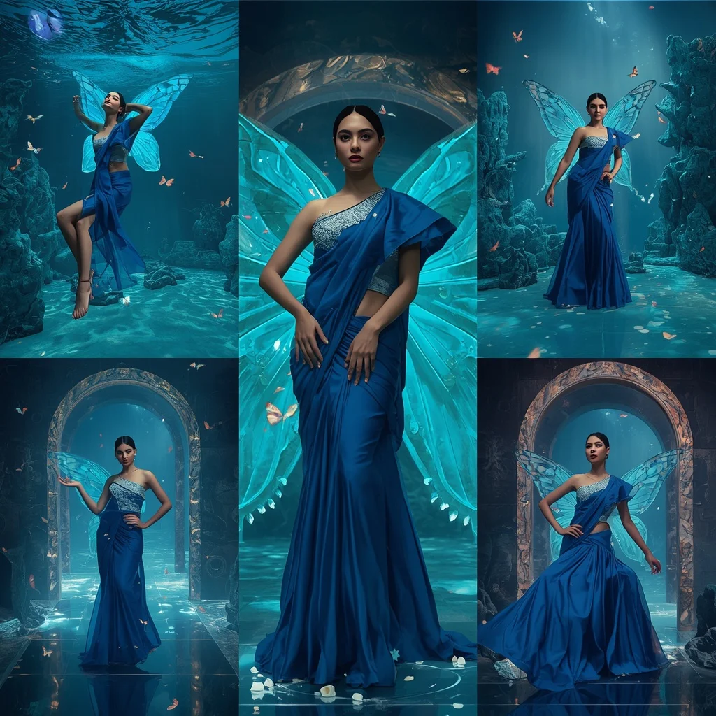 Sapphire Ocean Butterfly Saree with Multi Pose Underwater Palace Background | Ai Image Generator Prompt