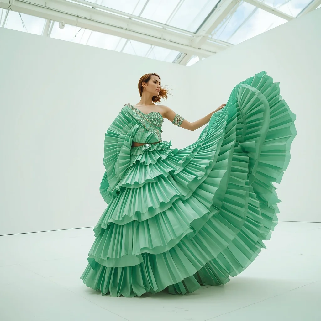 Sculpted Mint Green Ruffles and Diamond Saree in Gallery | Prompt Ai