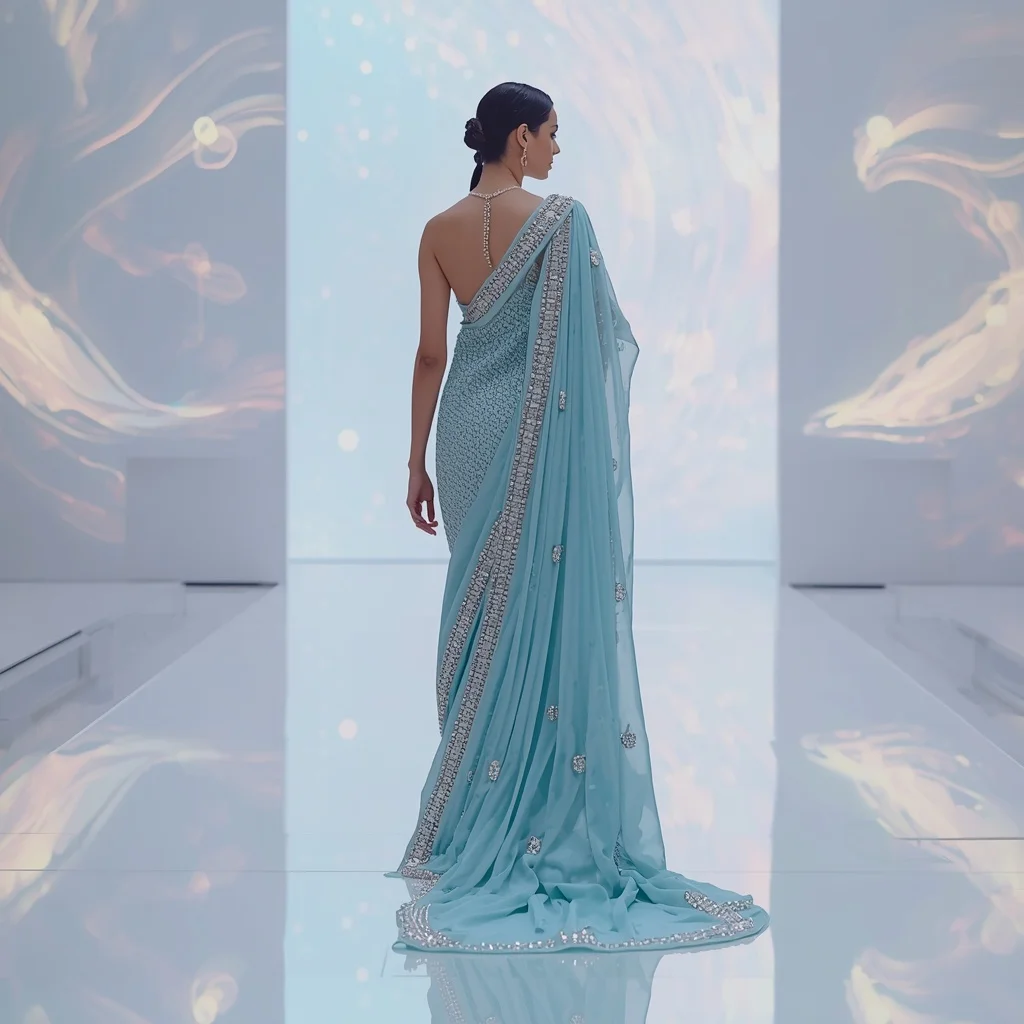 Soft Aqua Heavy Swarovski Body Saree with Graceful Slow-Motion Backward Walk | Gemini Ai Prompt For Instagram
