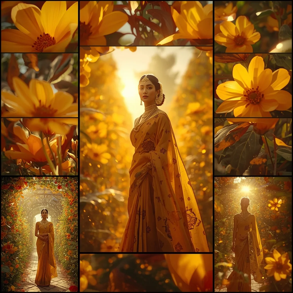Solar Bloom Empress Saree Cinematic Collage Sun Garden Royalty Premium Scene | Prompt For Gemini Ai Saree Look Couple