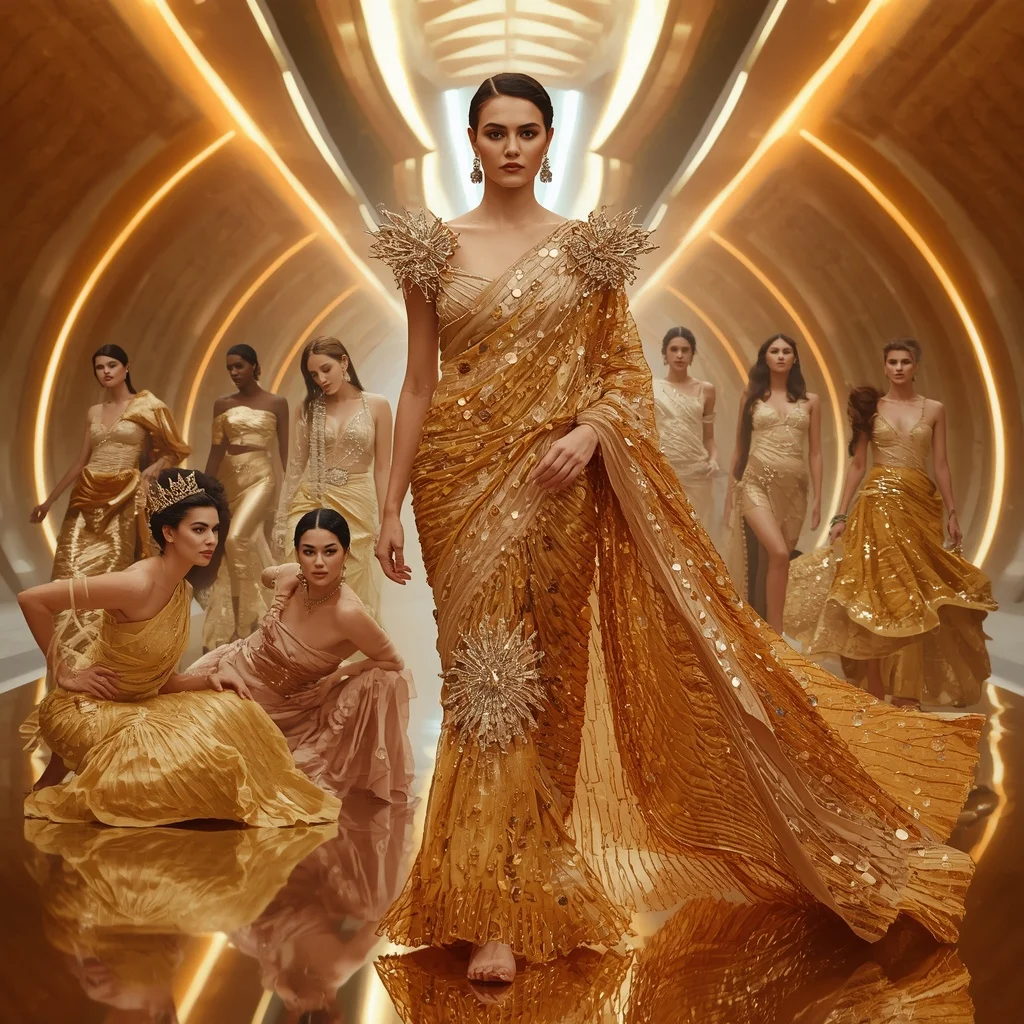 Solar Crystal Maharani Saree with Ten Couture Poses and Floating Infinity Temple | Saree Whatsapp Dp Ai Prompt