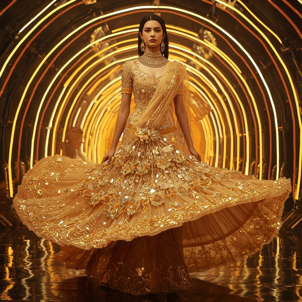 Solar Crystal Royale Saree with Infinity Arc Tunnel | Ai Image Prompt