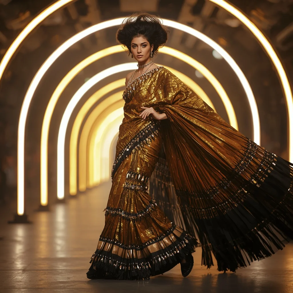Solar Eclipse Metallic Saree with Floating Arc Corridor | Grok Ai Prompt