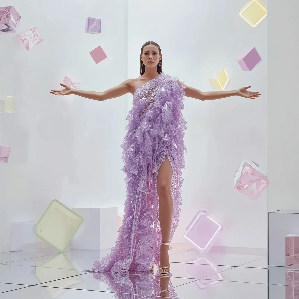 Solid Crystal Chain-Mail & Massive 3D Prism Pastel Lavender Saree | Floating Geometry Pose | Gemini Photo Prompt