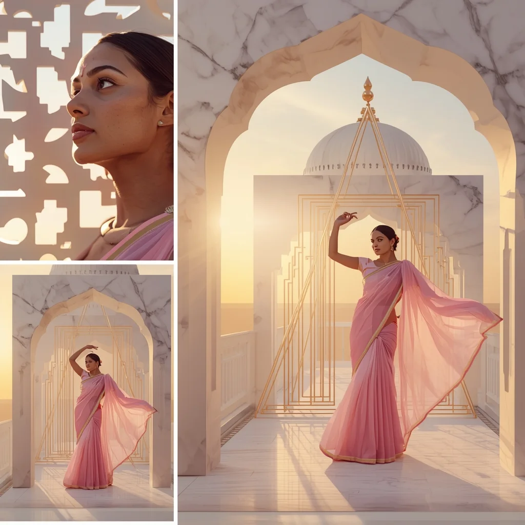 Sunlit Marble Arch Multi-Panel Saree Storyboard Presentation Design | Saree Prompt For Gemini Ai
