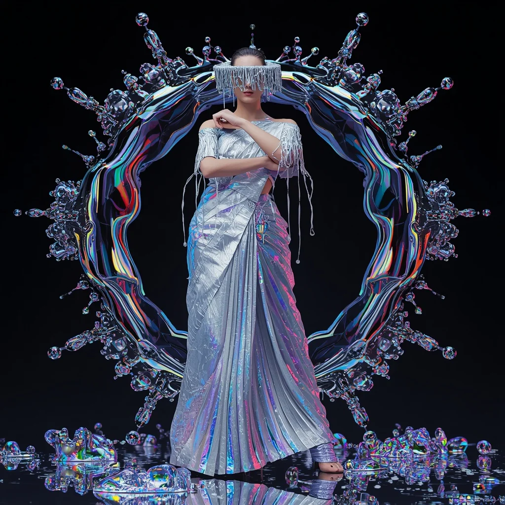 Thick 3D Acrylic Drip & Holographic Foil Saree | Symmetrical Crossed-Wrist Block Pose | Liquid Chrome Splash Freeze-Frame | Ideogram Ai Prompt