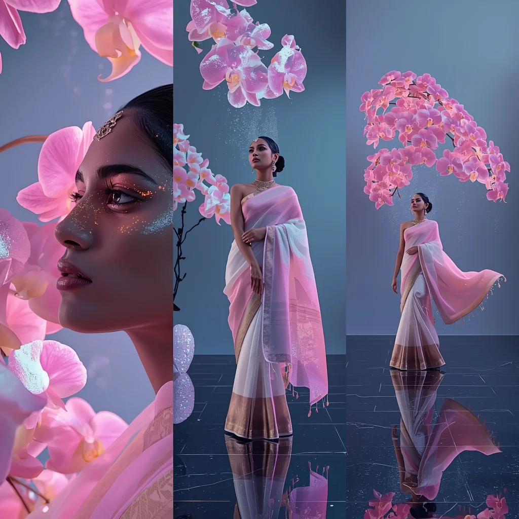 Three Panel Cosmic Orchid Bioluminescent Nebula Saree Look | Saree Photoshoot Ai Prompt