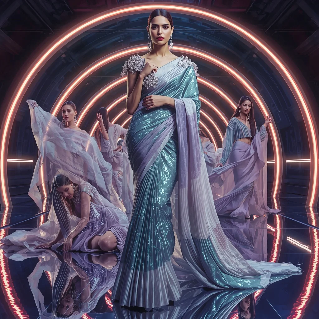 Titanium Aurora Royale Saree with Floating Infinity Arcs | Anime Ai Prompt