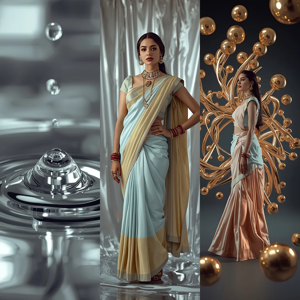 Triptych Grid Liquid Palladium Silk Drape Saree Collage | Saree Prompt For Gemini