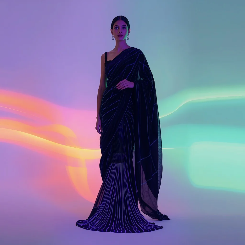 Ultimate Festival Fancy Saree Poses: Obsidian Velvet with Bioluminescent Neon Circuitry | Saree Instagram Ai Prompt