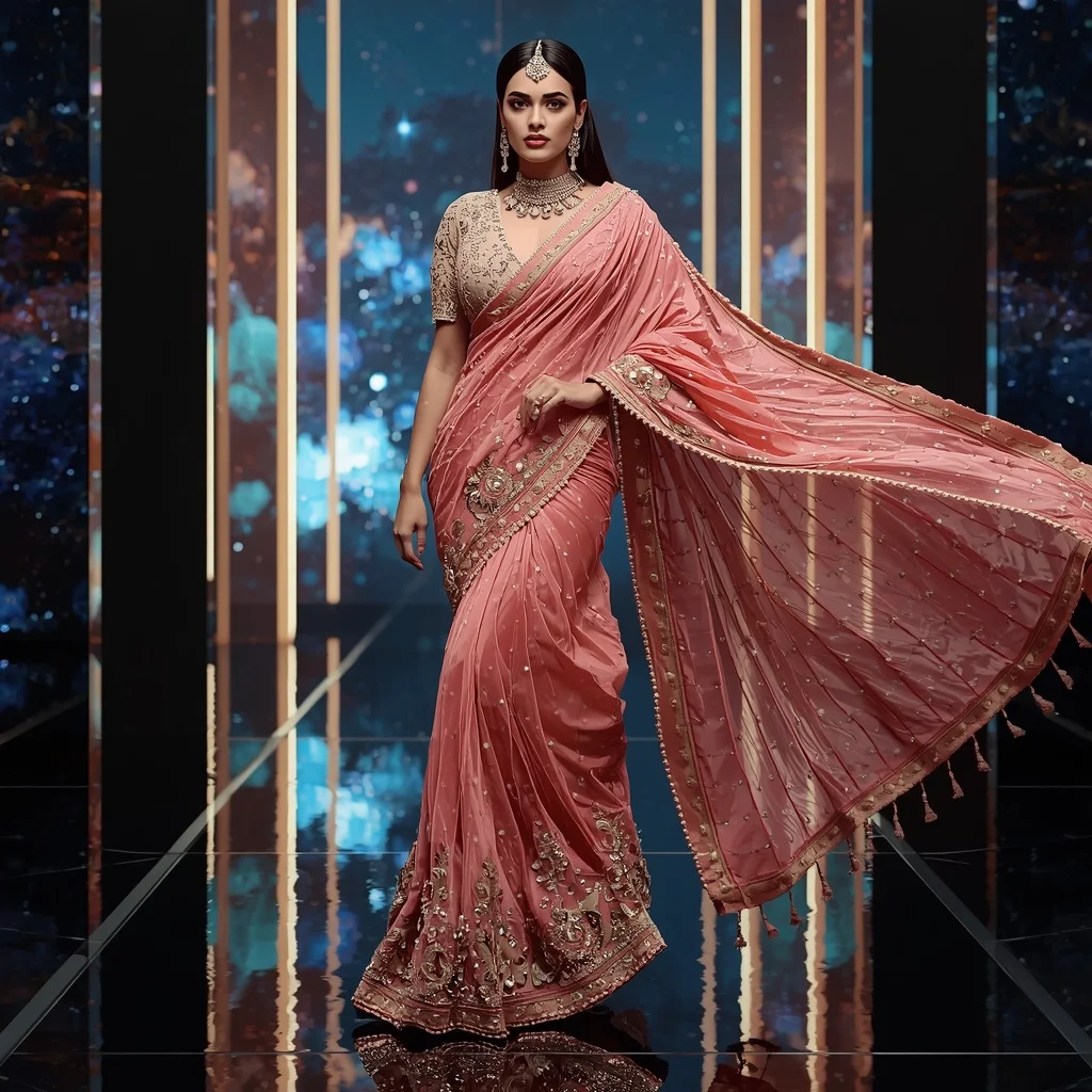 Ultra Glamorous Heavy Designer Saree with Artistic LED Background | Free Ai Prompt