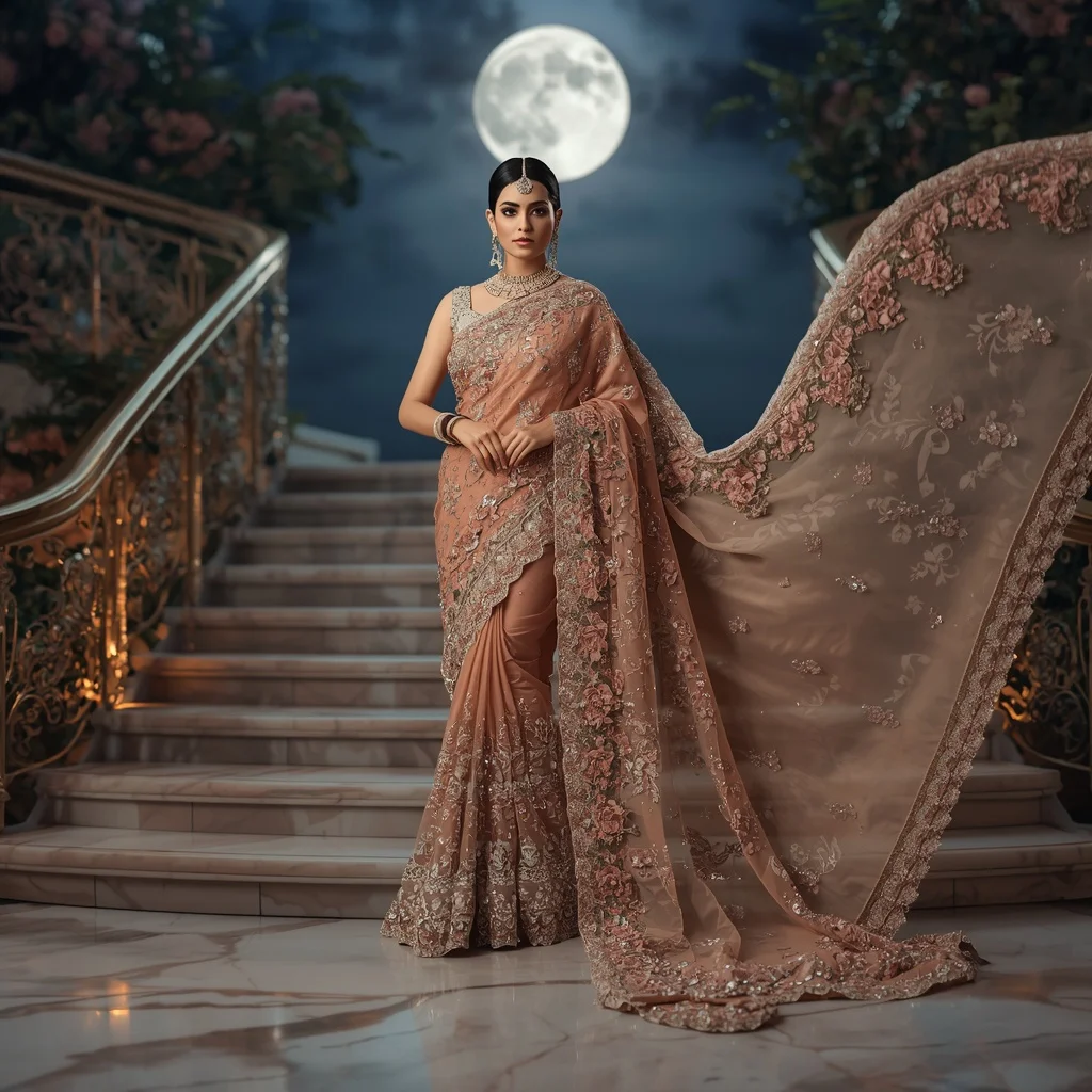 Ultra Glamorous Royal Saree with Luxury Moonlight Garden Background | Saree Prompt Generator